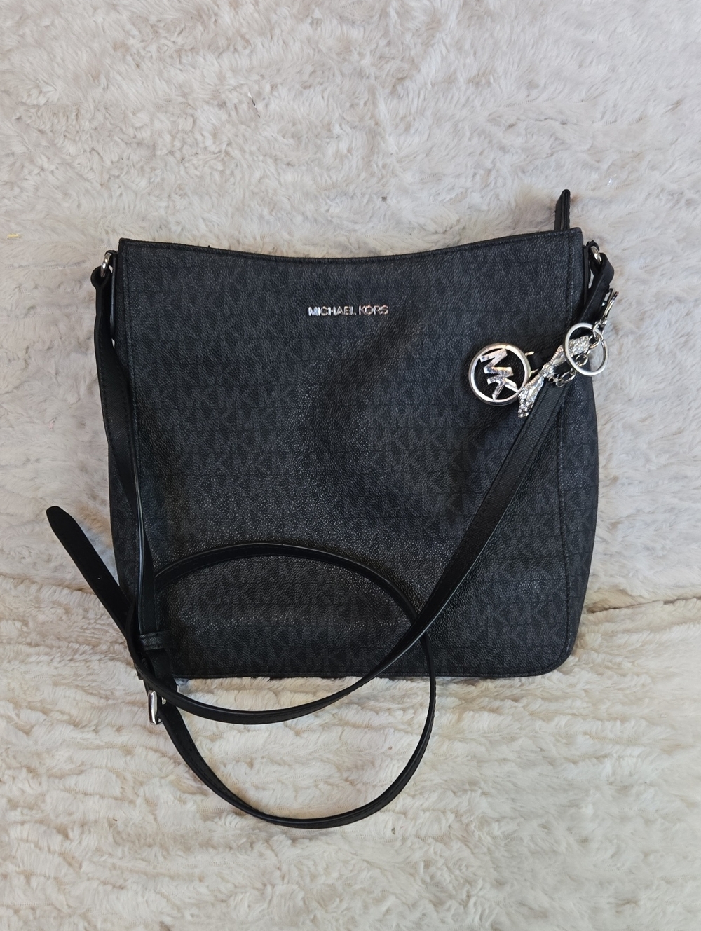 Michael Kors Black Monogram Crossbody with Logo Charm EUC LIKE NEW